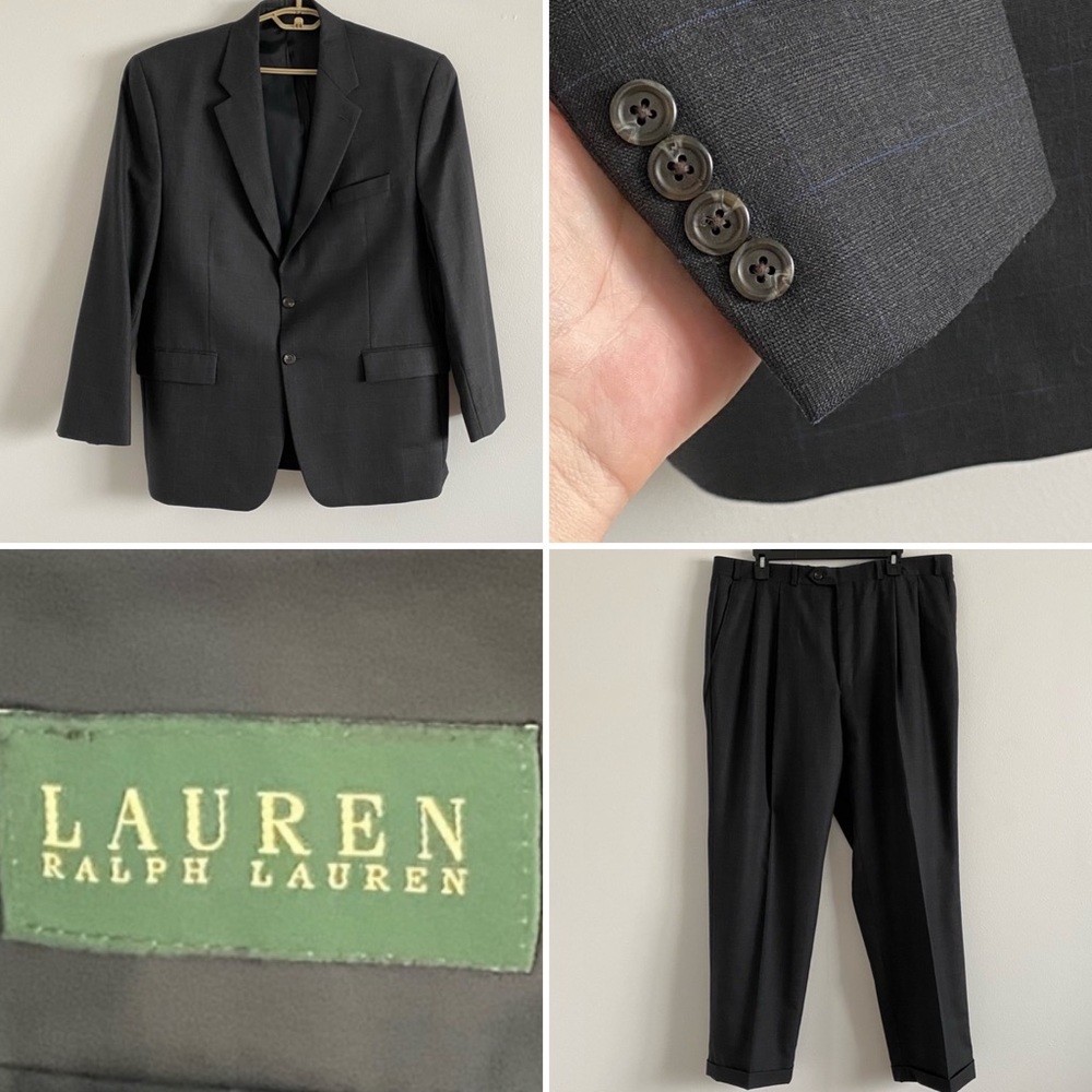 Ralph Lauren 44R Blazer 38x33 Pants Wool Suit Gray Blue Plaid Fall